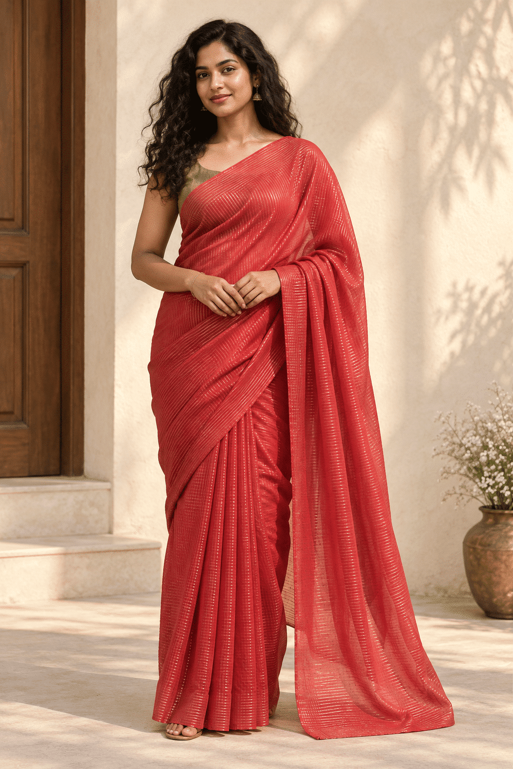 Red and Gold Sari Stripe Saree